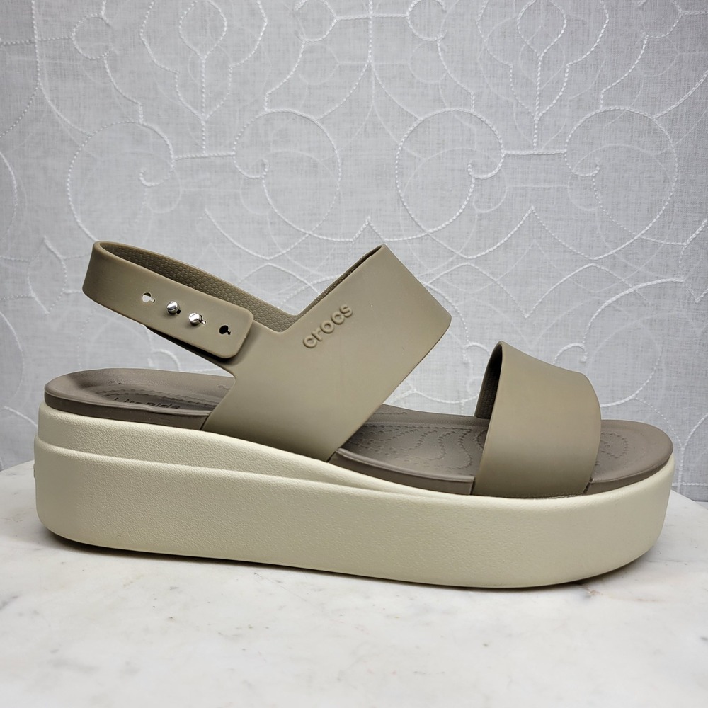 Crocs Brooklyn Low Wedge Sandals Size 8 Mushroom LiteRide Slingback Two Strap